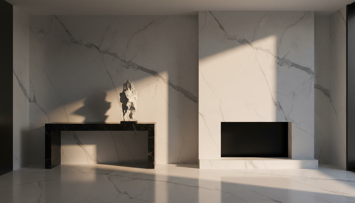 Superficie bianca effetto marmo statuario con venature grigie, catalogo marmi e gres effetto marmo Michelessi