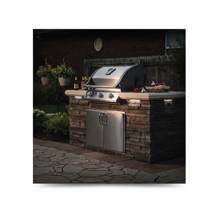 Barbecue a gas in pietra da esterno con sportelli in acciaio e cappa, base in pietra a vista e giardino