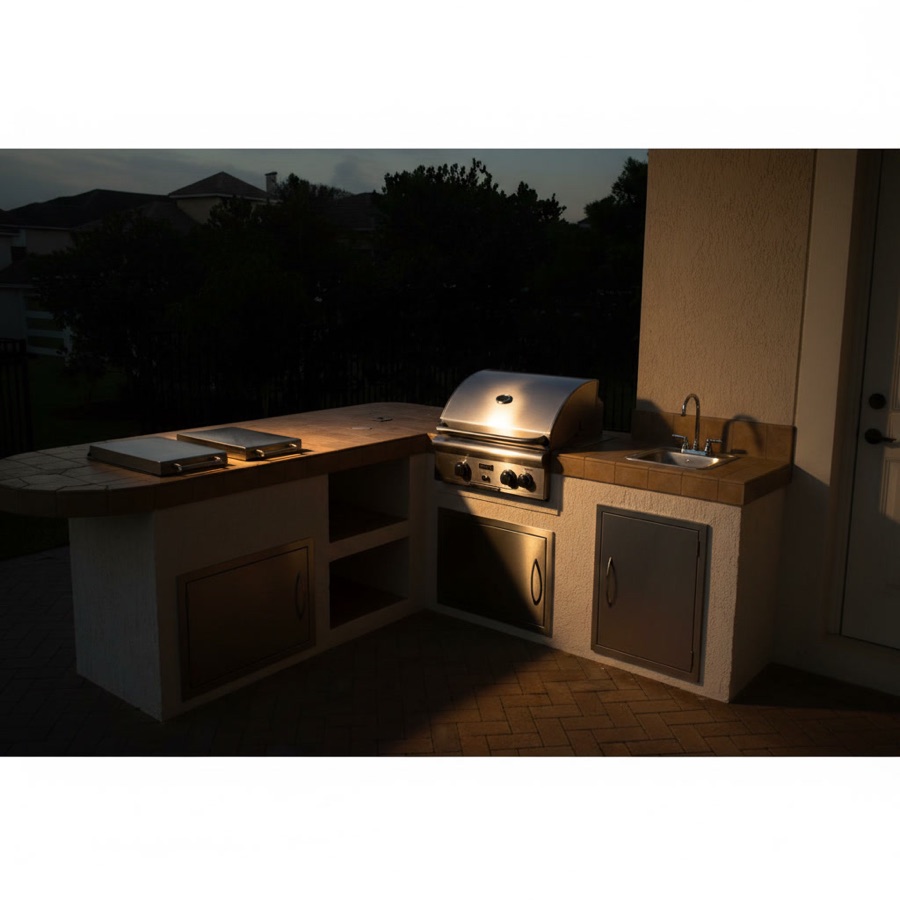 Cucina esterna in blocchi di pietra con fornelli, lavello e barbecue, piano rivestito in piastrelle e sportelli in acciaio