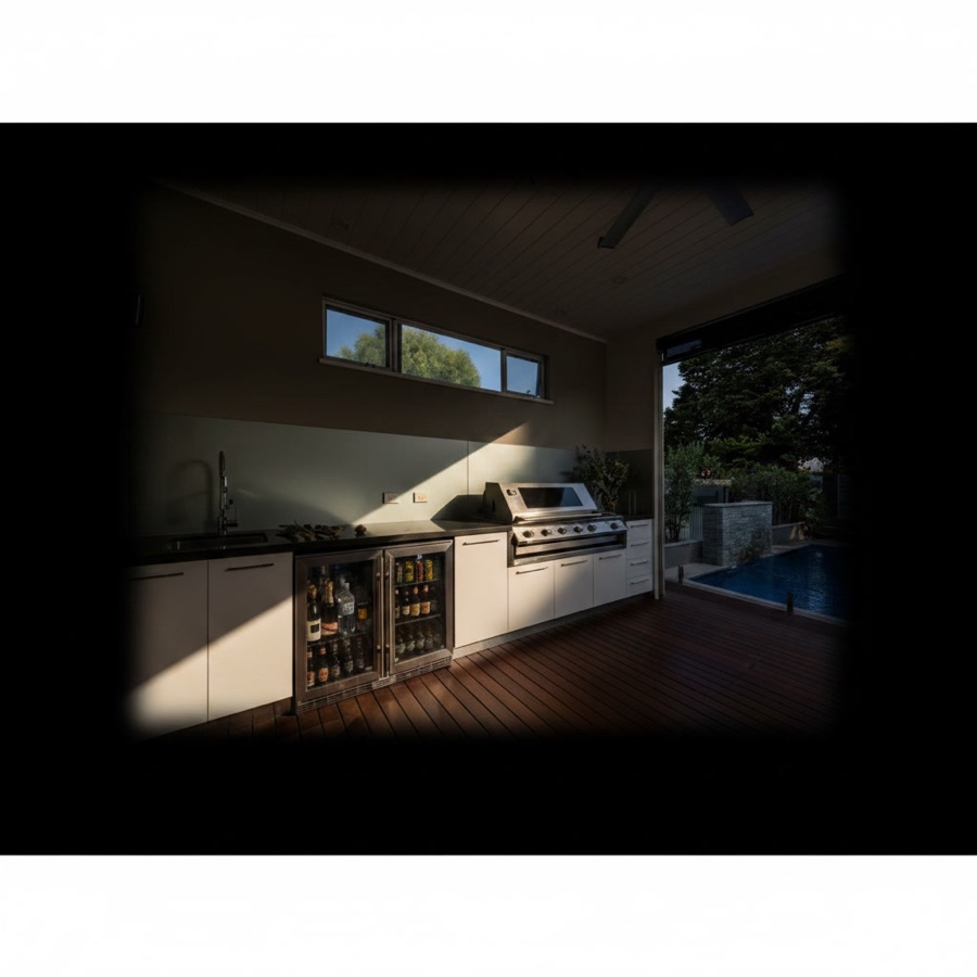 Cucina da esterno in Laminam con barbecue a gas e frigorifero, tettoia in legno bianco e piscina accanto