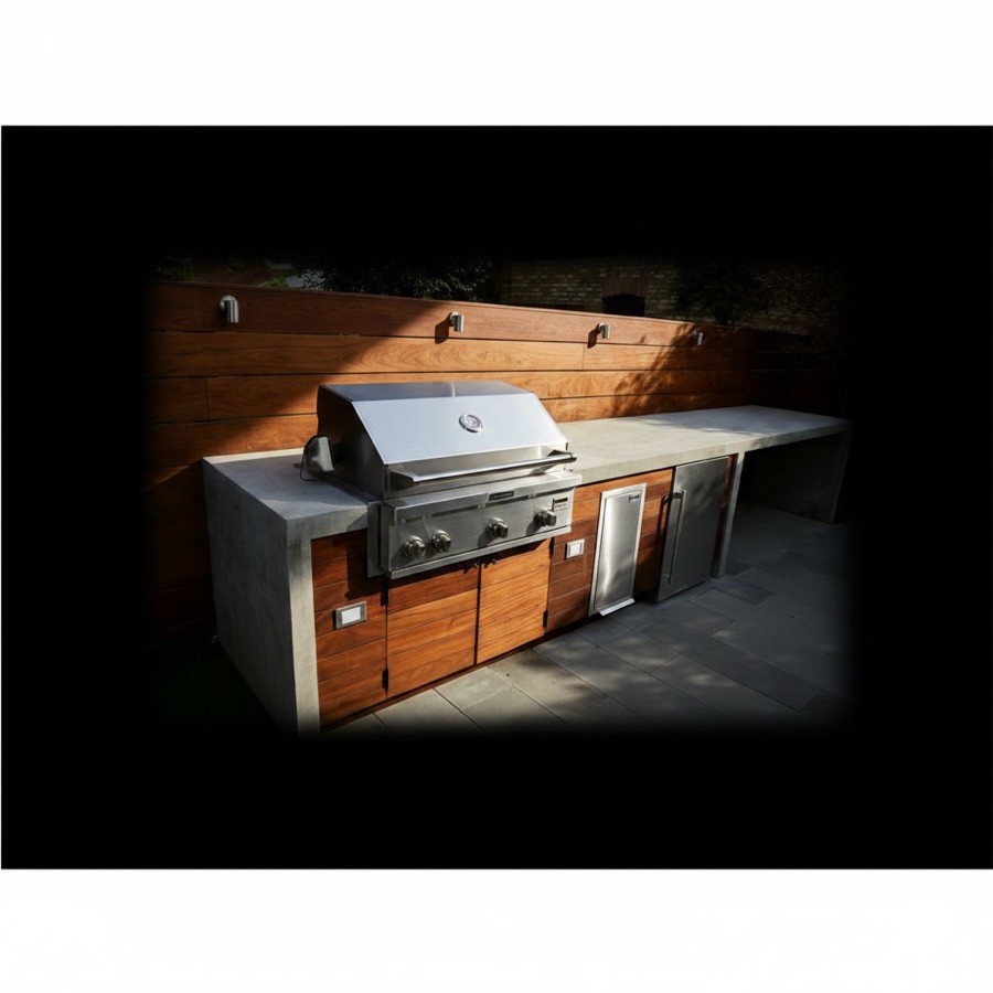 Cucina da esterno con piano in pietra refrattaria chiara, parete e sportelli in legno scuro e barbecue a gas in acciaio