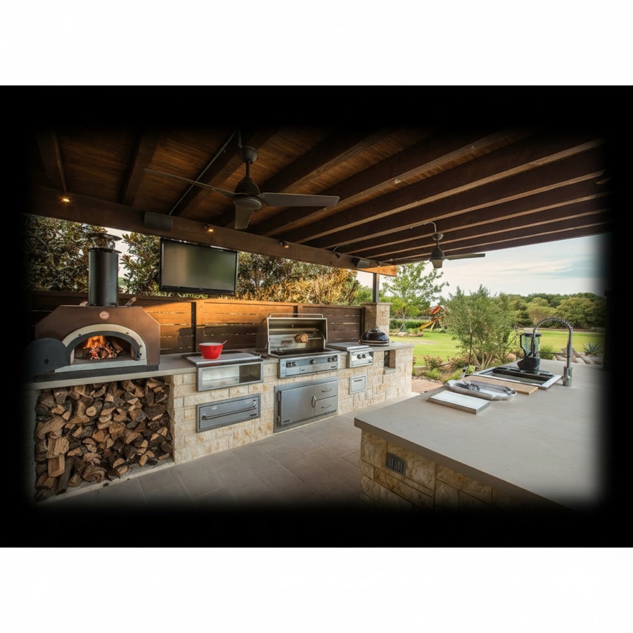 Cucina da esterno in pietra con forno a legna, fornelli, barbecue, isola con lavello e tettoia in legno