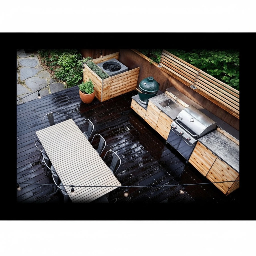 Cucina da esterno su piattaforma in legno con sportelli effetto naturale, barbecue a gas, lavello e tavolo conviviale