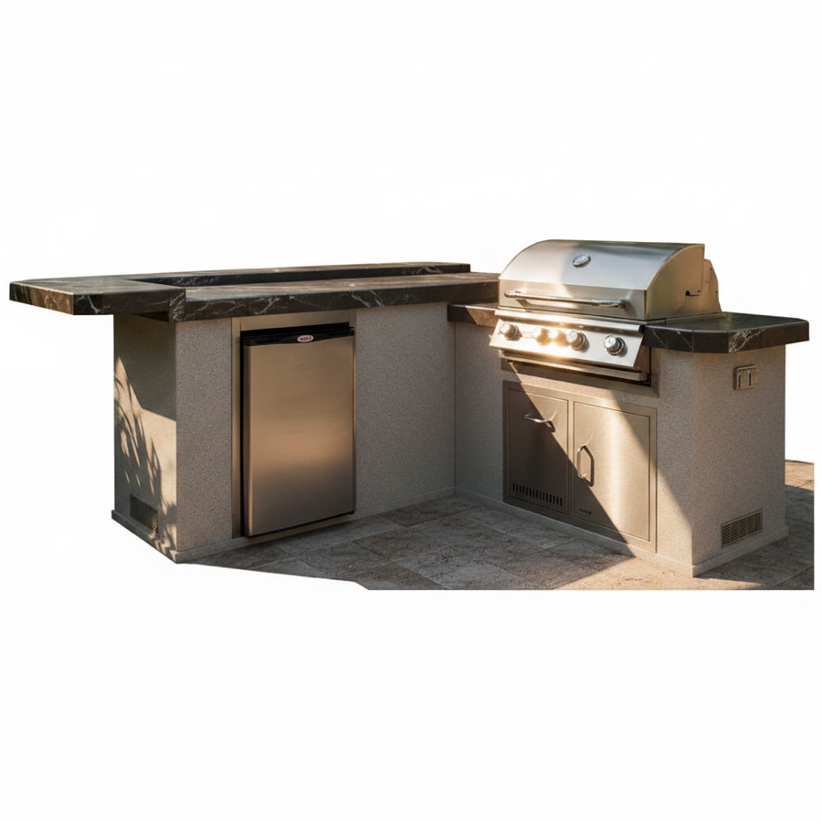 Cucina da esterno Bull modello Junior Gourmet Q in stucco chiaro con barbecue a gas, frigorifero e bancone angolare
