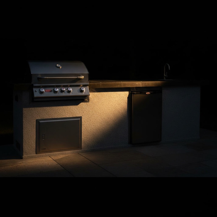 Cucina da esterno Bull modello ODK 3 metri in stucco bianco con barbecue a gas, lavello e frigorifero in acciaio