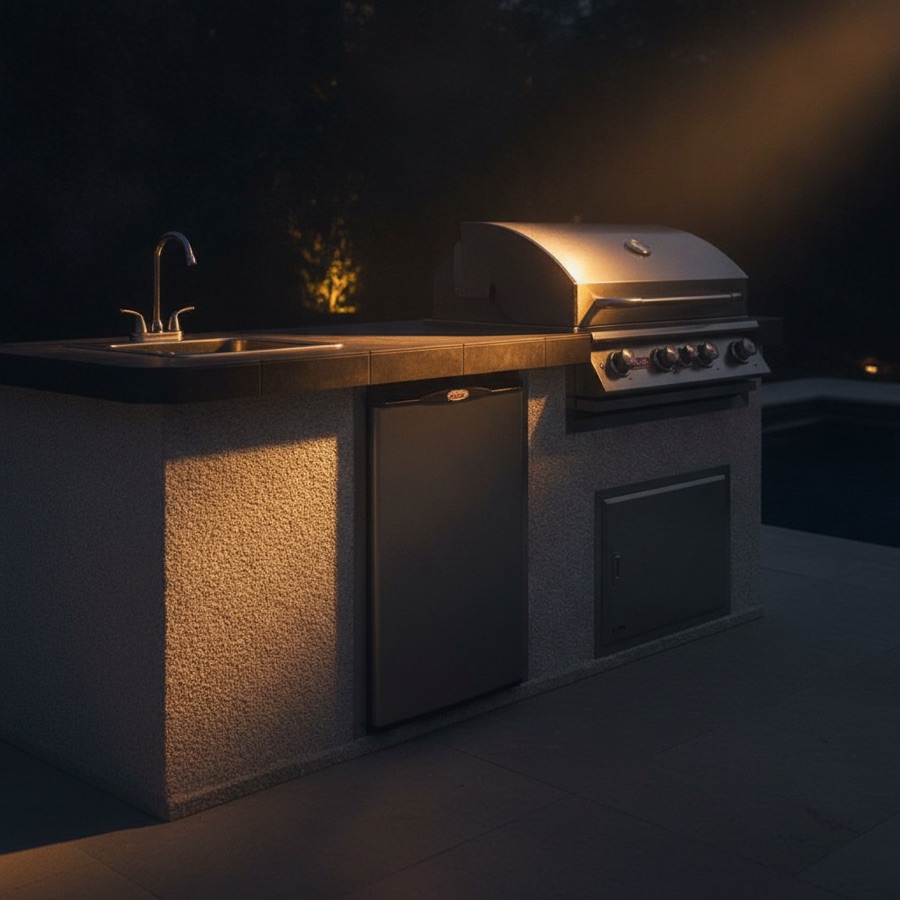 Cucina da esterno Bull modello ODK in stucco chiaro con lavello, frigorifero in acciaio e barbecue a gas