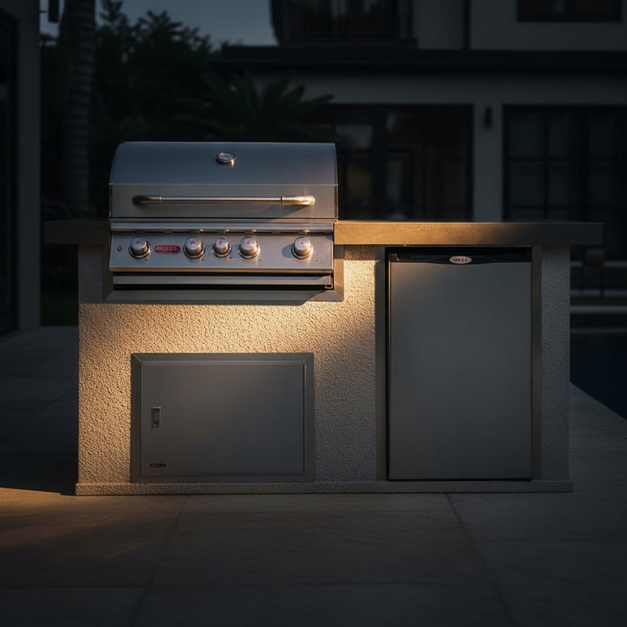 Cucina da esterno Bull modello Power Q in stucco chiaro con barbecue a gas in acciaio e frigorifero