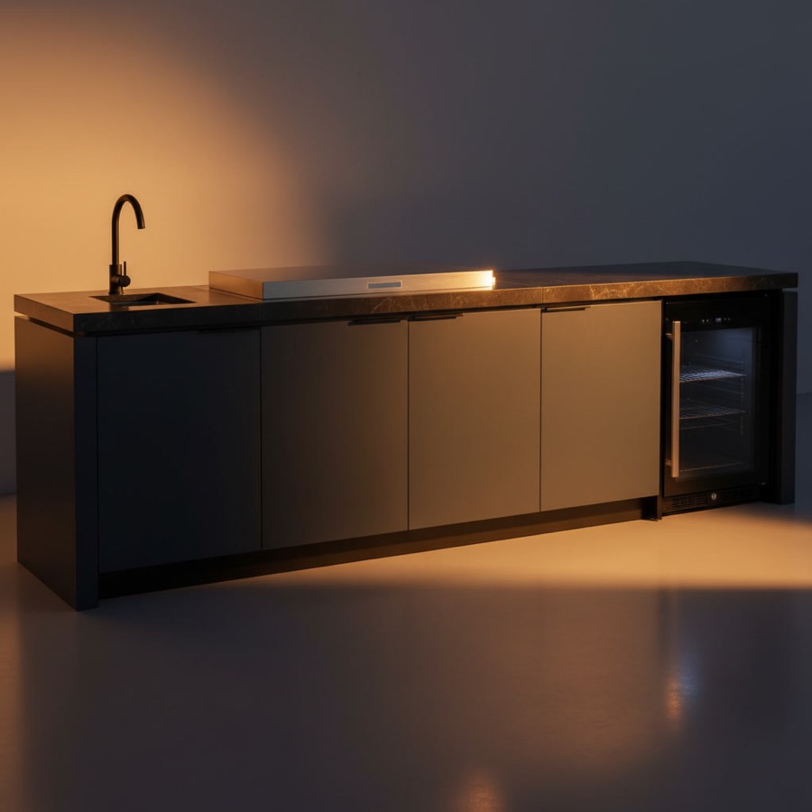 Cucina da esterno Cabinex serie Classica nera con barbecue BeefEater a 6 fuochi, lavello e vetrina frigorifera