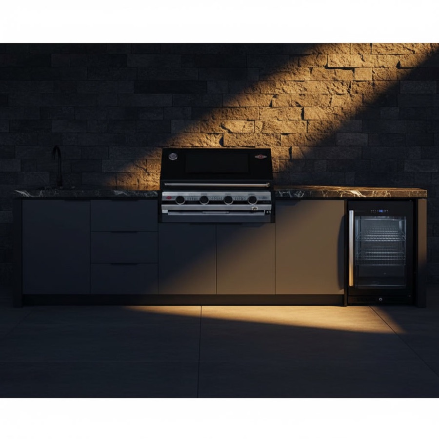 Cucina da esterno Cabinex serie Premium antracite con barbecue BeefEater a 4 fuochi, cassetti, lavello e vetrina