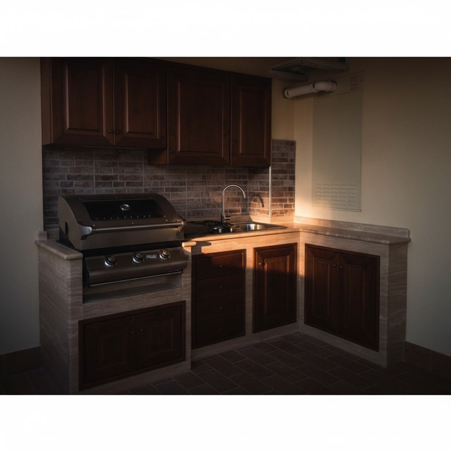 Cucina da esterno in pietra refrattaria con pensili e sportelli in legno scuro, barbecue a gas, lavello e fornelli