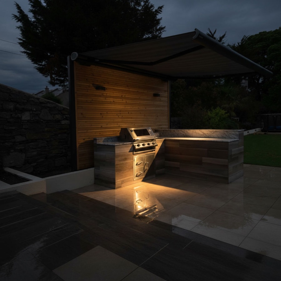 Cucina da esterno economica minimal con barbecue a gas, piano di lavoro e sportelli in alluminio sotto tenda