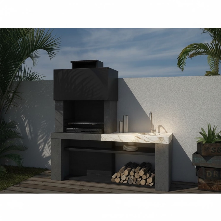 Barbecue da esterno economico moderno con cappa scura, lavello, ripiano e vano portalegna, tra le palme