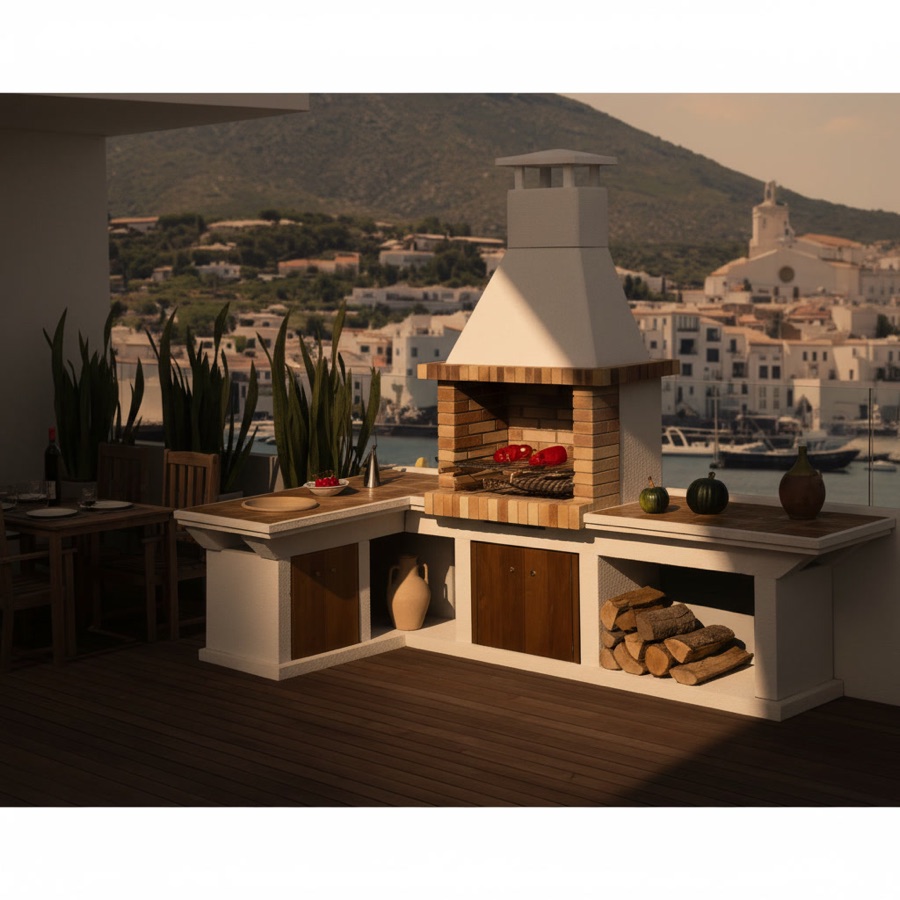 Barbecue da esterno economico con piano angolare, sportelli in legno e vano legna, vista sul mare