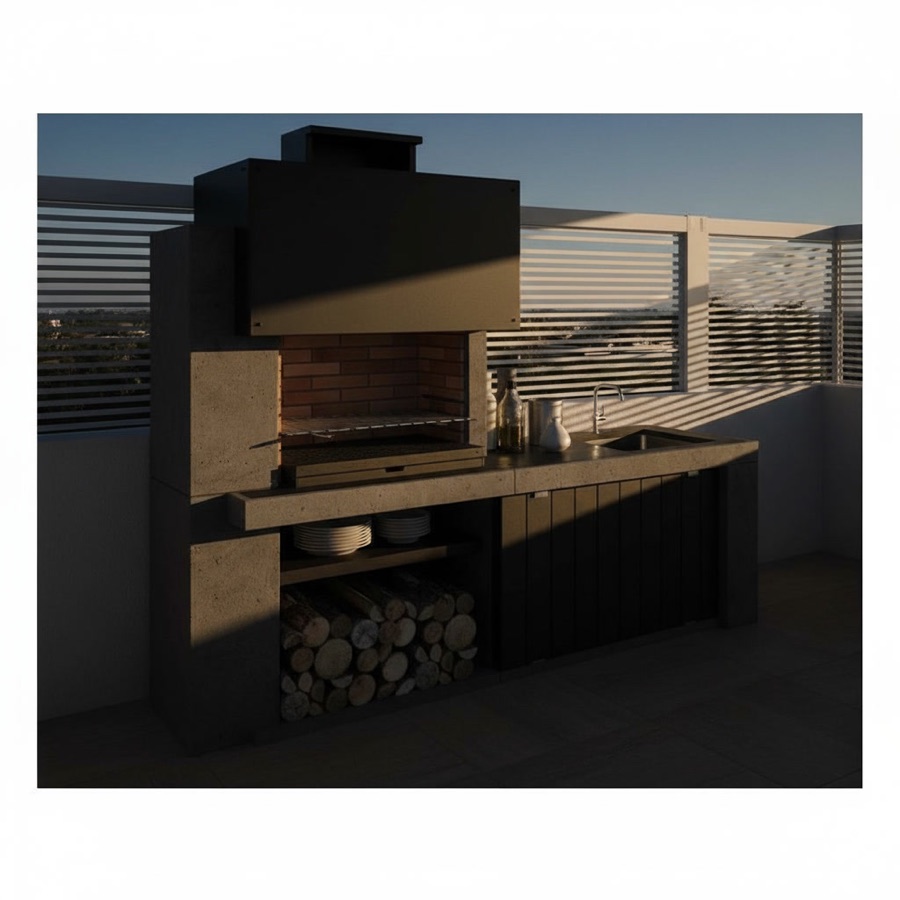 Barbecue da esterno economico angolare con lavello, struttura in pietra refrattaria scura e vano portalegna