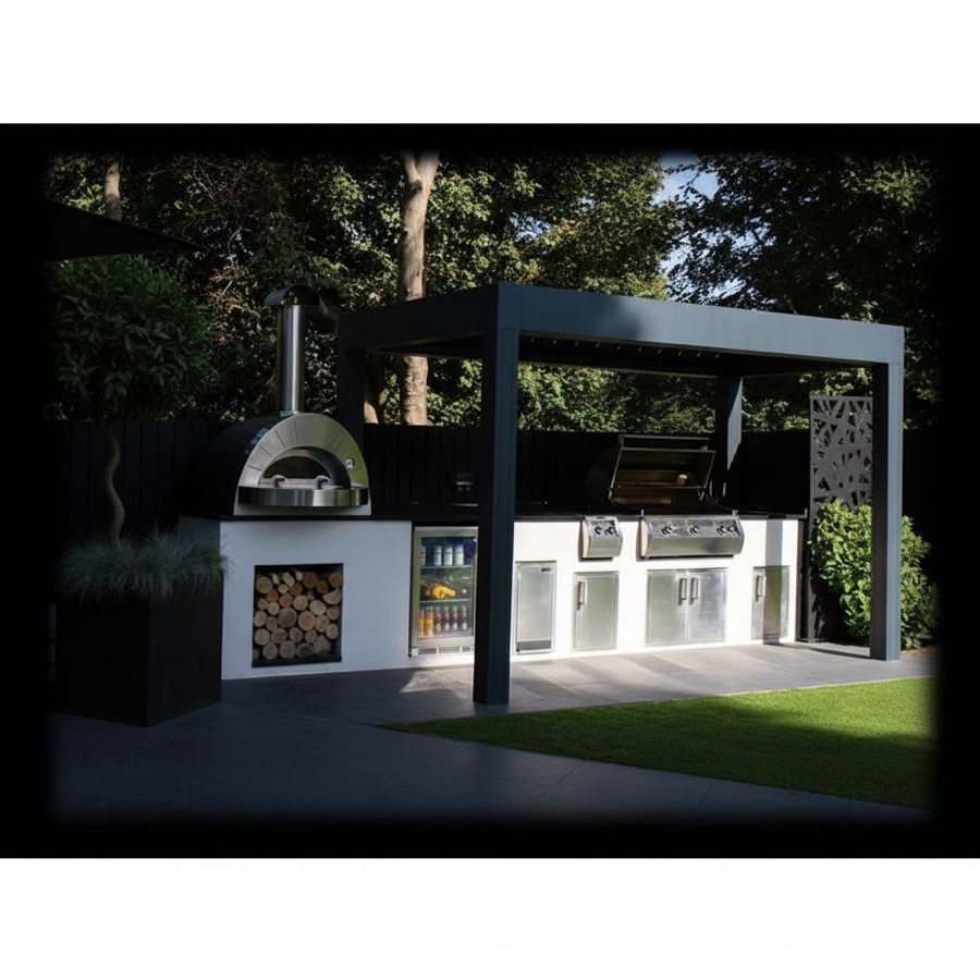 Cucina da esterno economica con barbecue a gas, forno a legna, cantinetta vini, sportelli in alluminio e piano in gres