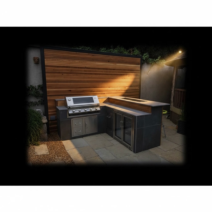 Cucina da esterno economica ad angolo con barbecue a gas, cantinetta, sportelli in alluminio e piano grigio in gres