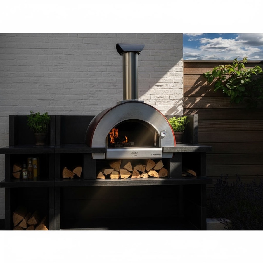 Forno a legna da esterno con cupola ramata, camino in acciaio e ripiano portalegna, su base grigia