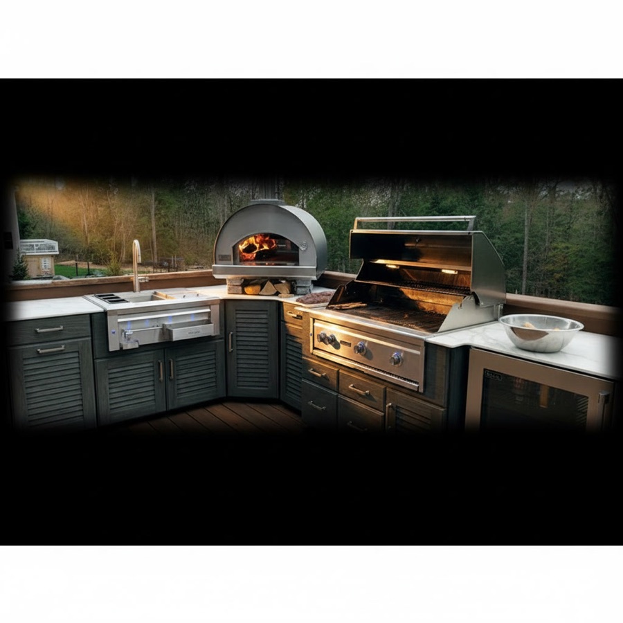 Cucina da esterno economica angolare con barbecue, forno, lavello e minifrigo, struttura in legno con cassetti