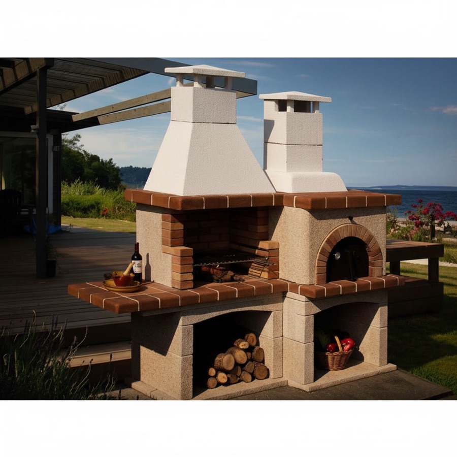 Barbecue da esterno economico in pietra refrattaria e mattoncini completo di forno, con doppio camino e vano legna, vista mare