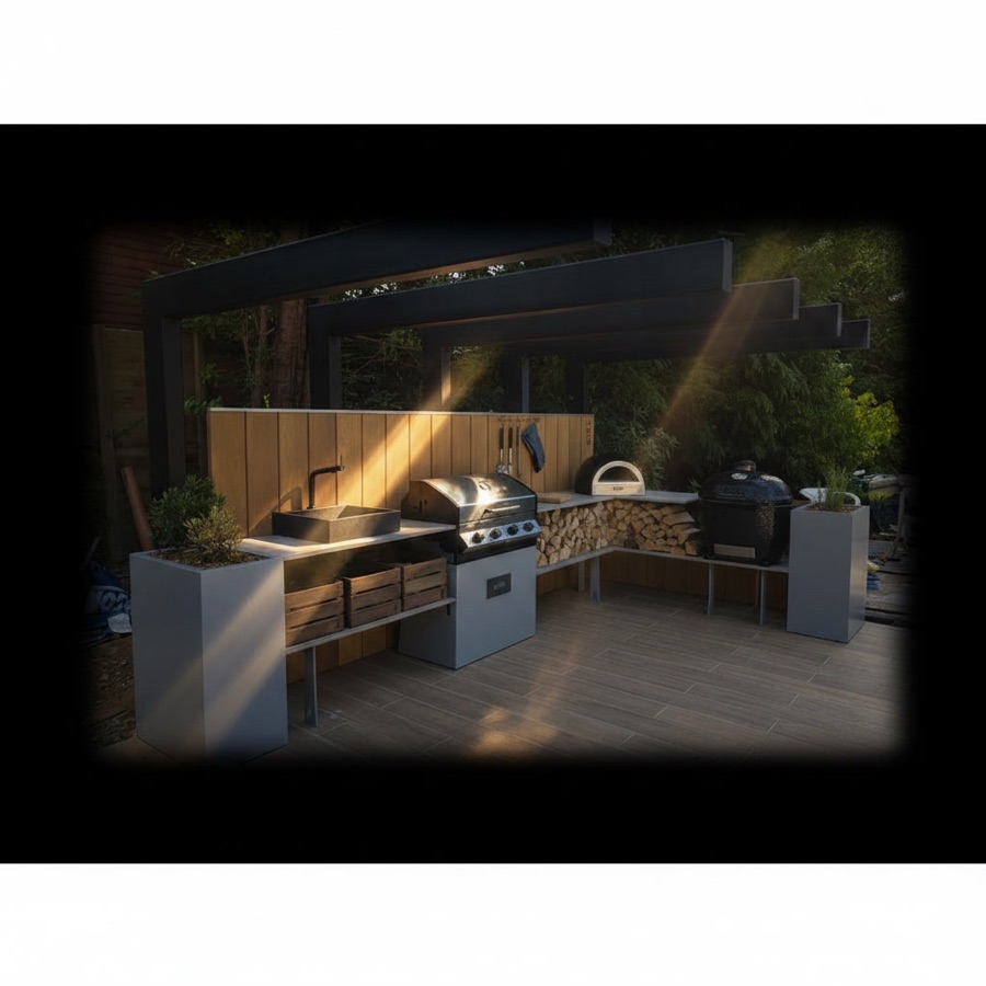 Cucina da esterno economica completa con barbecue, forno, lavello, piano portalegna e ripiani, su terrazza in legno