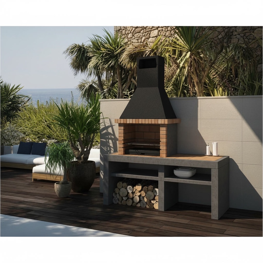 Cucina barbecue da esterno con cappa scura, piano laterale in mattoncini e base in pietra refrattaria con vano legna