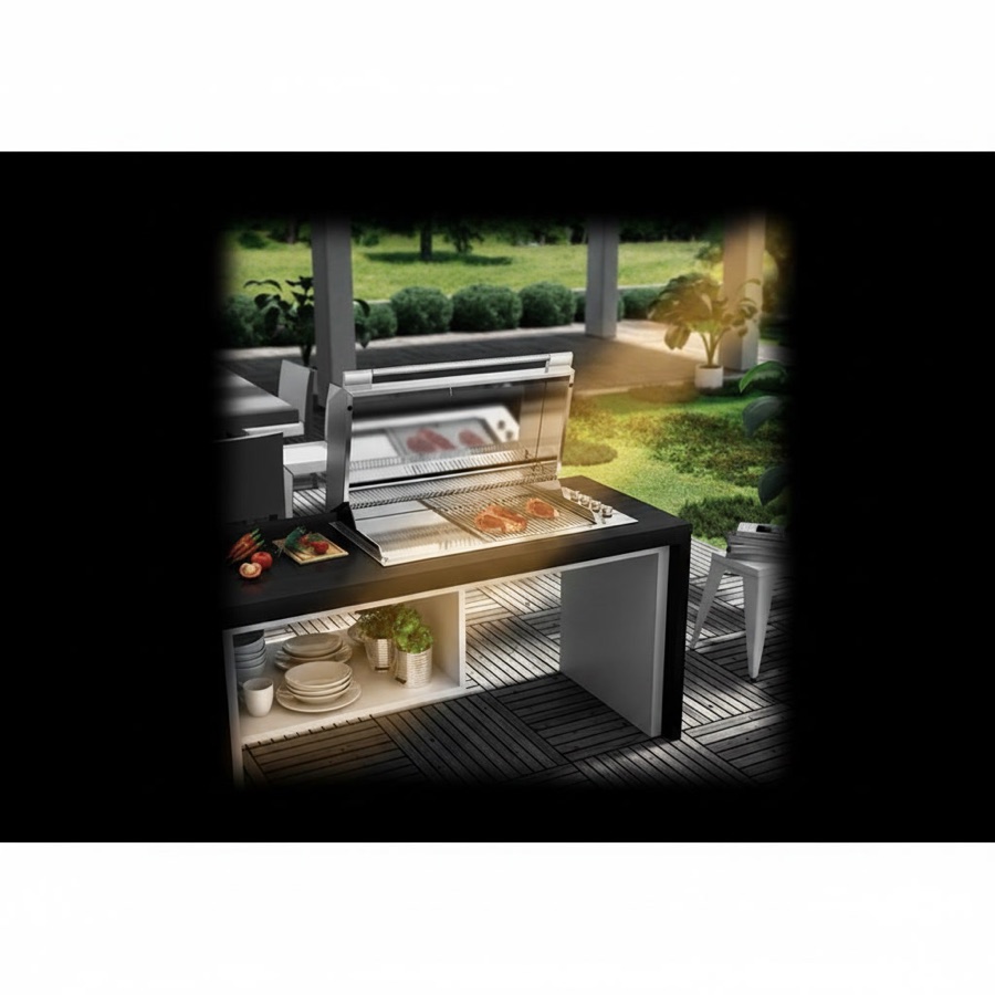Cucina da esterno economica con piastra, design moderno bianco e nero minimal, ripiani a giorno per stoviglie