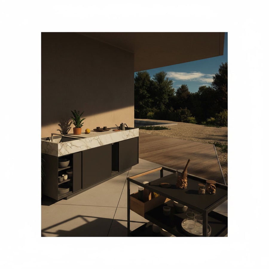 Cucina da esterno economica moderna con ante scorrevoli, lavello integrato e ripiani interni, stile minimal