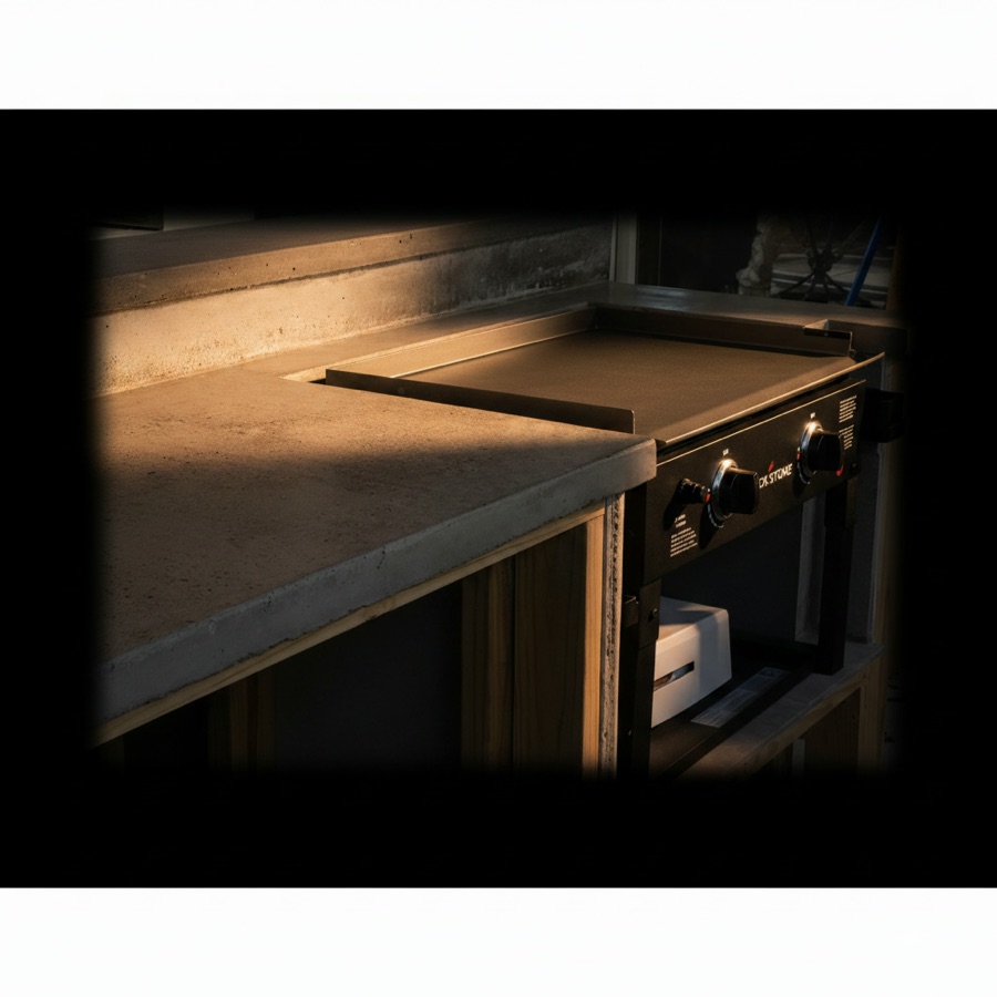Cucina da esterno economica in pietra refrattaria con piastra a gas nera e piano grezzo su struttura in legno