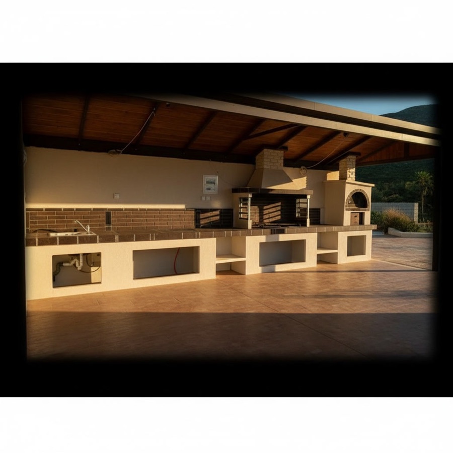 Cucina da esterno con barbecue e forno a legna, lavello e lunga linea in pietra refrattaria bianca sotto veranda in legno