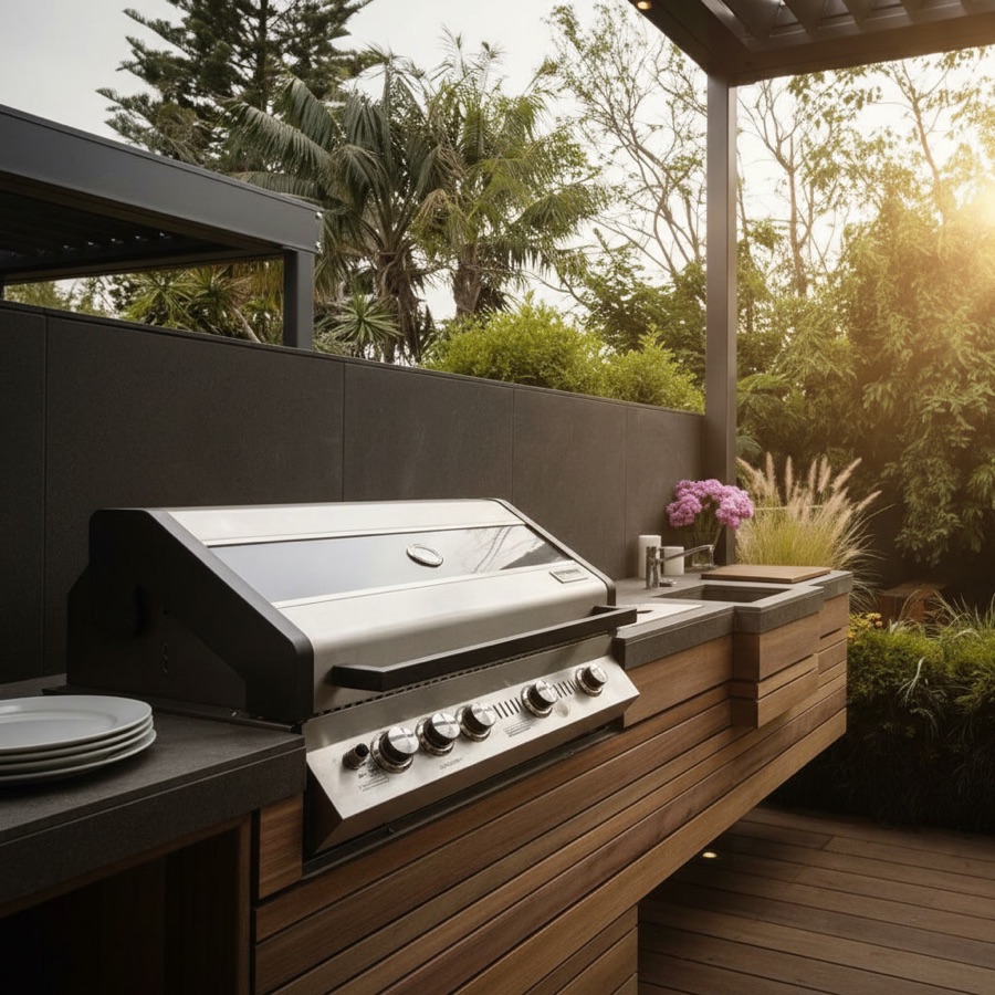 Cucina da esterno economica con barbecue a gas in acciaio, ante in legno teak e lavello integrato, su terrazza