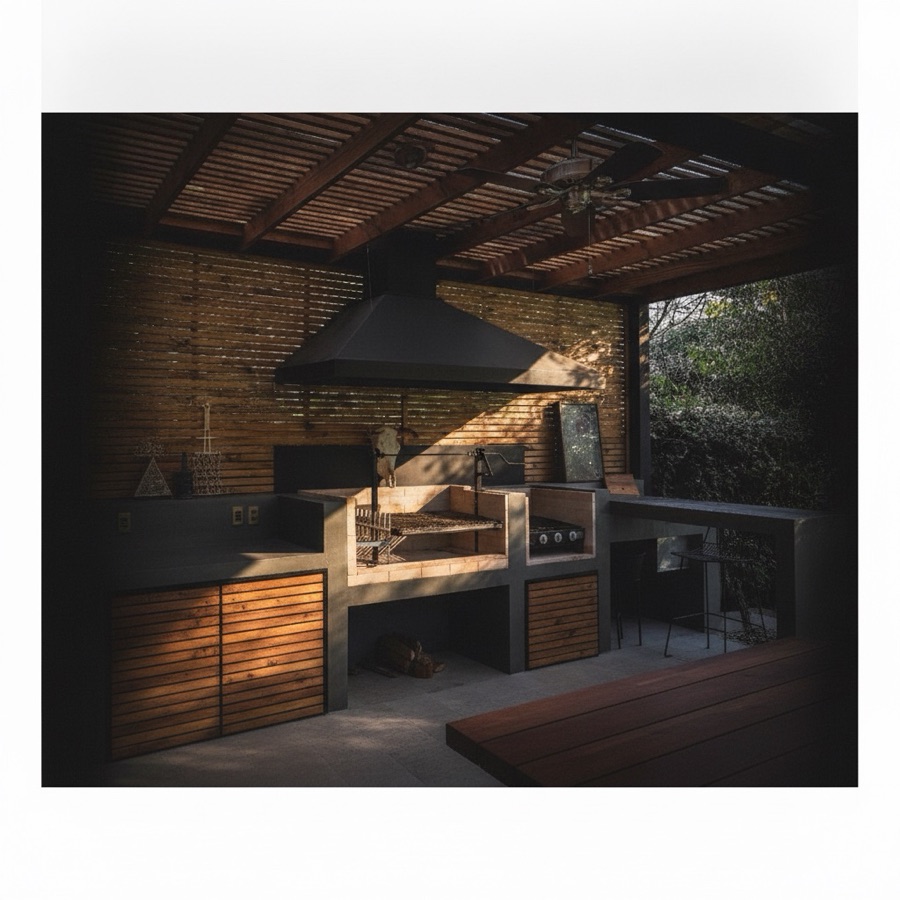 Cucina da esterno con barbecue a legna con girarrosto, cappa nera, sportelli in legno laccato e tavolo laterale
