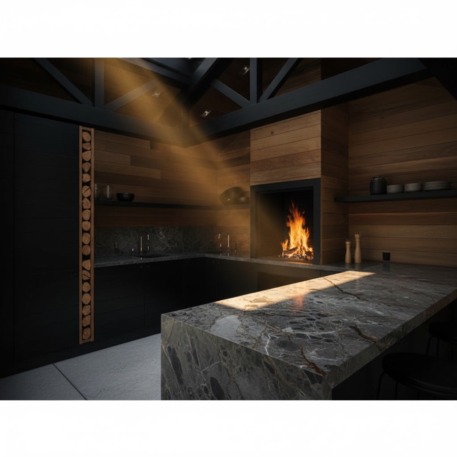 Cucina da esterno con barbecue a legna acceso, lavello, basi nere e piano di lavoro rivestito in legno laccato