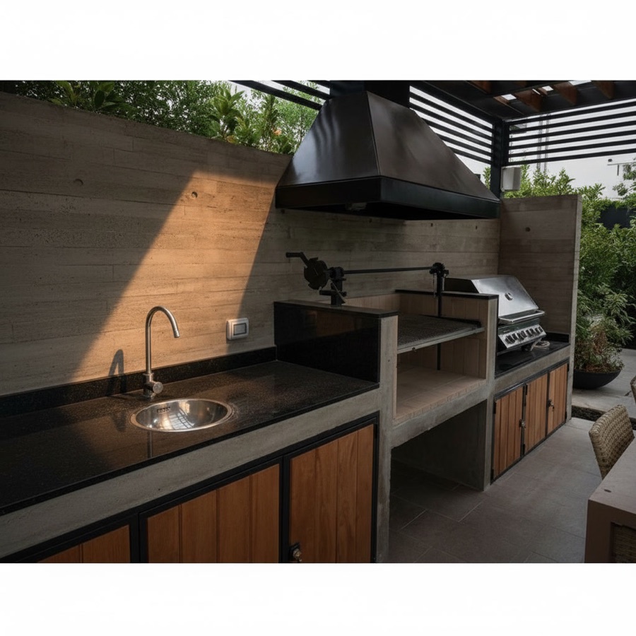 Cucina da esterno completa con barbecue a gas, girarrosto, fornello, lavello e sportelli in legno laccato