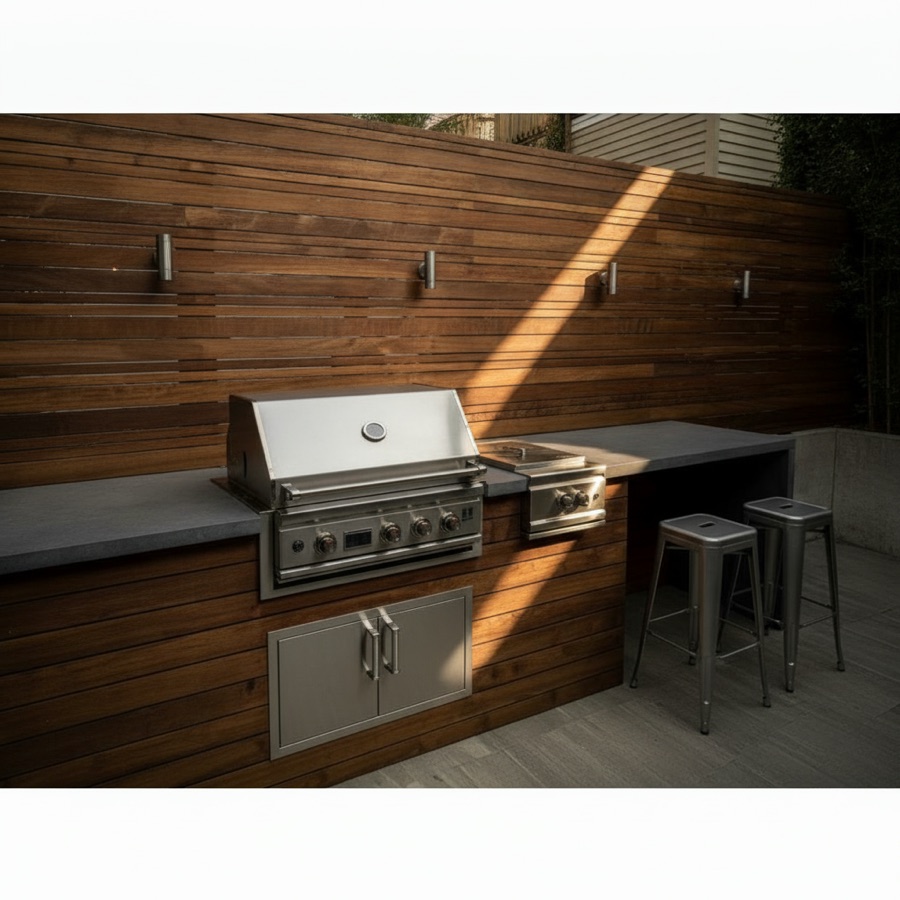 Cucina da esterno completa con barbecue a gas, fornello, tavolo laterale con sgabelli e sportelli in alluminio