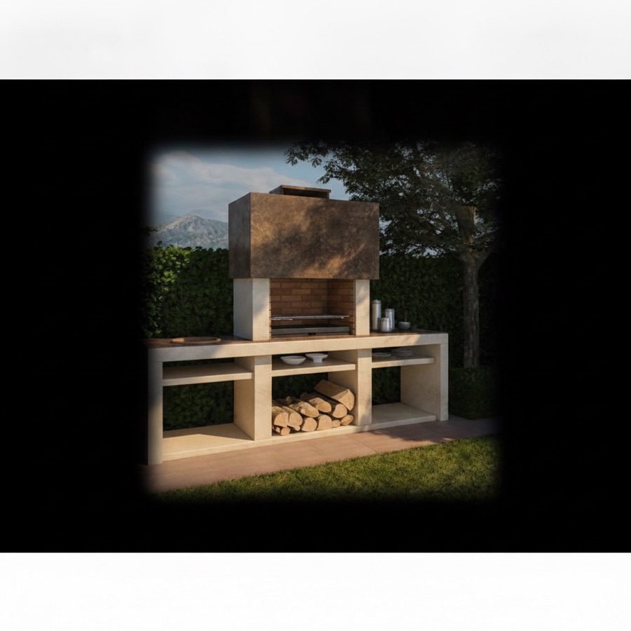 Barbecue da esterno con cappa color ruggine, ripiano laterale, lavello e vano portalegna, davanti alla siepe