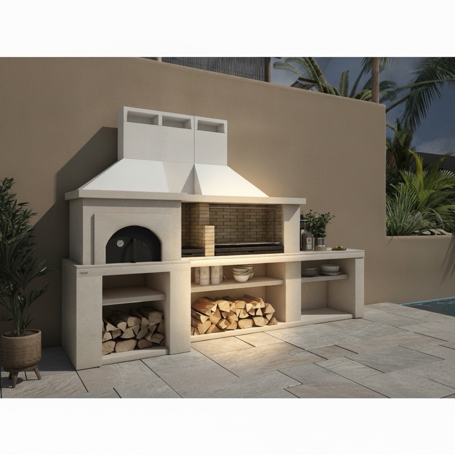 Barbecue da esterno in mattoncini con forno, ripiano laterale, vano portalegna e ripiani, parete color ocra