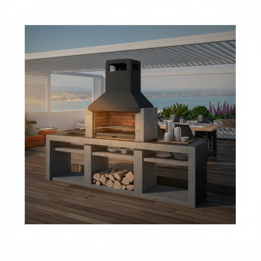 Barbecue da esterno con cappa scura, lavello, ripiani laterali e vano portalegna, terrazza con vista mare
