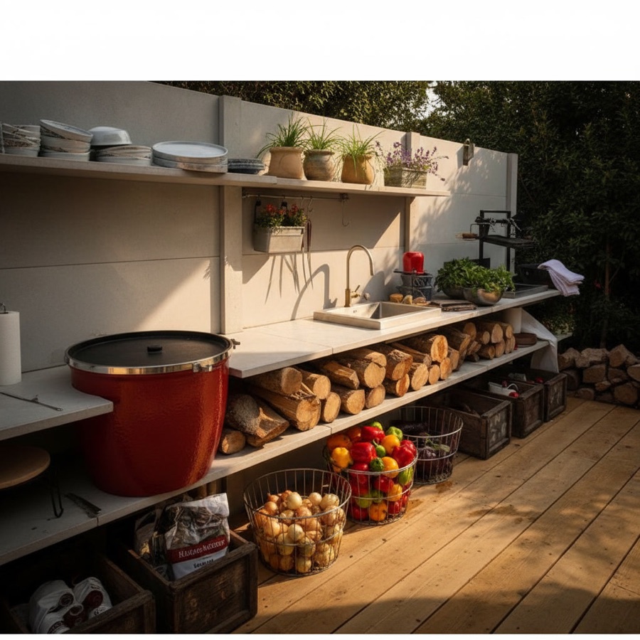 Cucina da esterno con lavello, ripiani e vano portalegna, banco con verdure, ceste e griglia con girarrosto