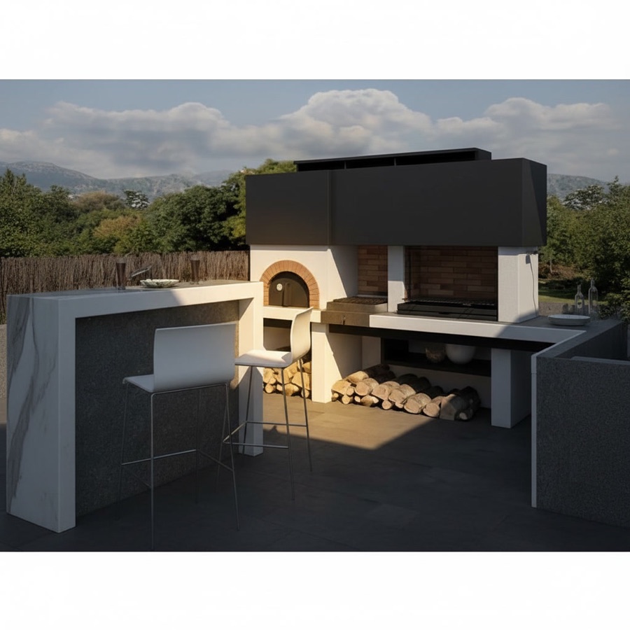 Barbecue con forno da esterno in stile moderno con ripiano e piano laterale, su terrazza panoramica