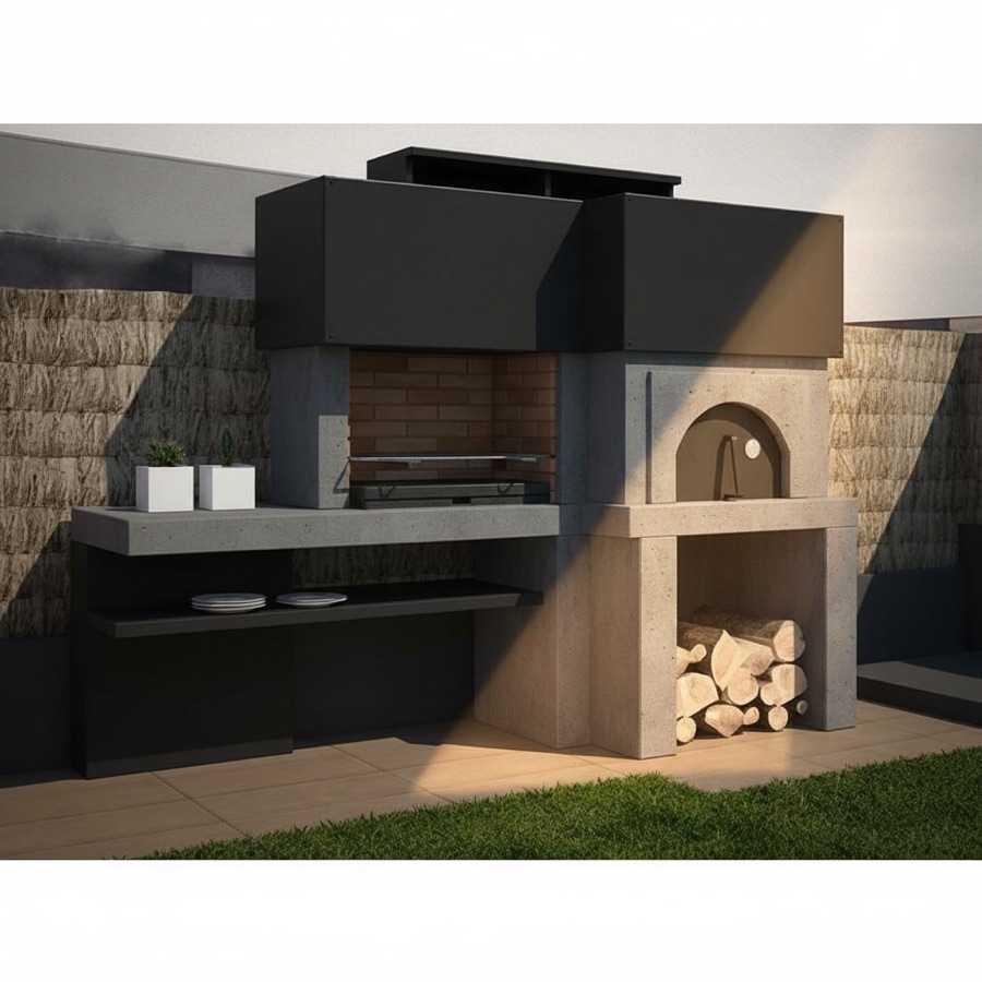 Barbecue con forno da esterno in stile moderno grafite, piano laterale e vano portalegna, recinzione in canniccio