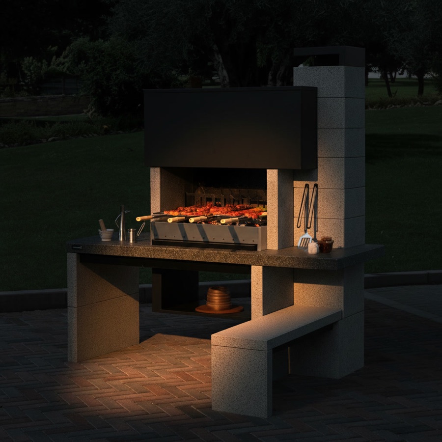 Barbecue a legna da esterno con piano lavoro laterale e panchina laterale in blocchi grigi e bianchi