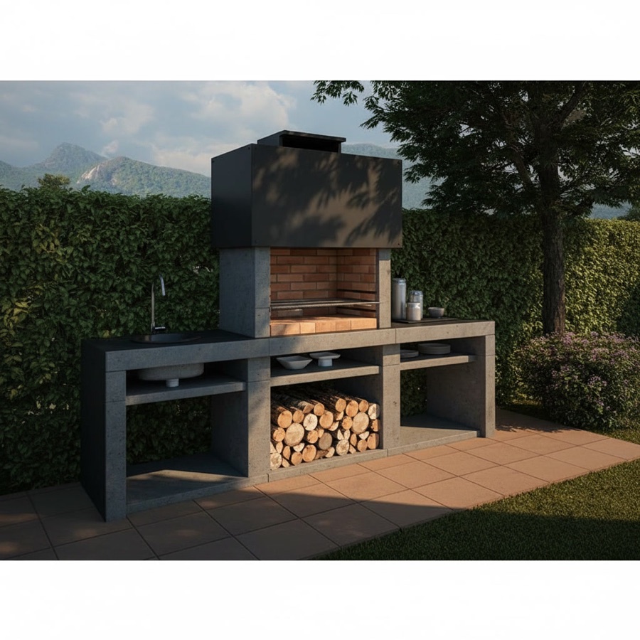 Barbecue a legna da esterno con lavello laterale, piano lavoro, vano porta legna e ripiani a vista, in giardino