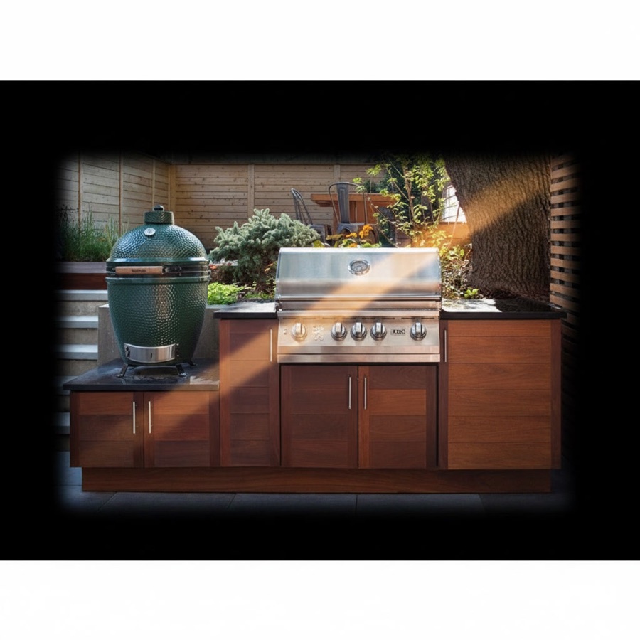 Cucina da esterno completa di barbecue a gas in acciaio e griglia tonda, struttura in legno laccato con sportelli