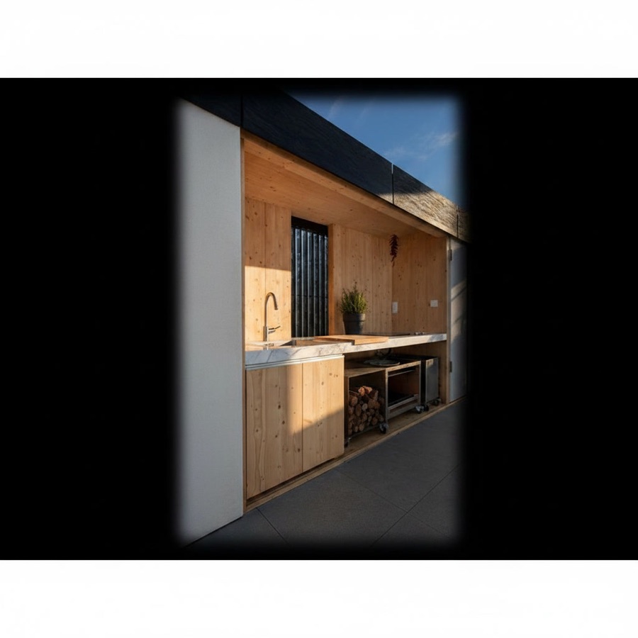 Cucina da esterno con lavello, piano a induzione e struttura in legno chiaro, su terrazza con parete in abete