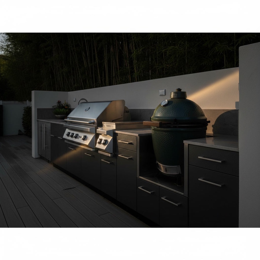 Cucina da esterno con barbecue a gas, fornello, lavello, cassetti e sportelli porta oggetti, davanti ai bambù