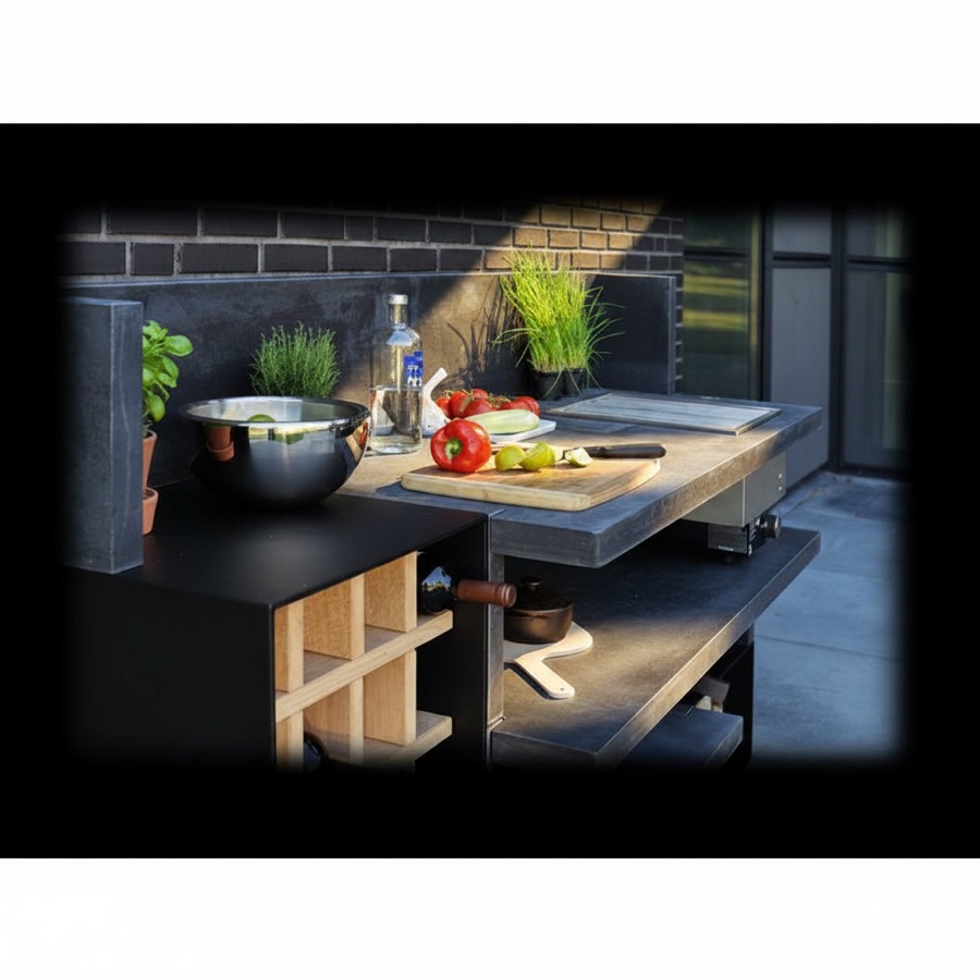 Cucina da esterno con piastra elettrica, piano lavoro con tagliere e verdure, ripiano porta vino in legno