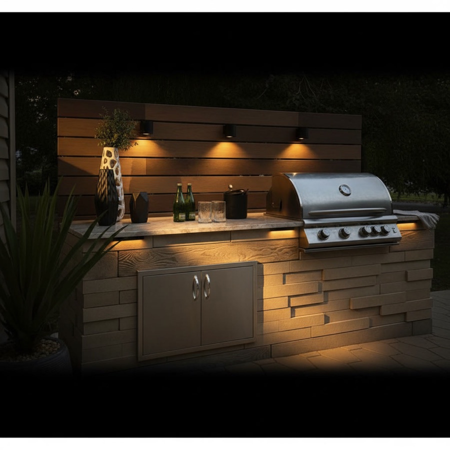 Barbecue a gas da esterno con sportelli e cassetti in metallo, top in quarzite e rivestimento in pietra