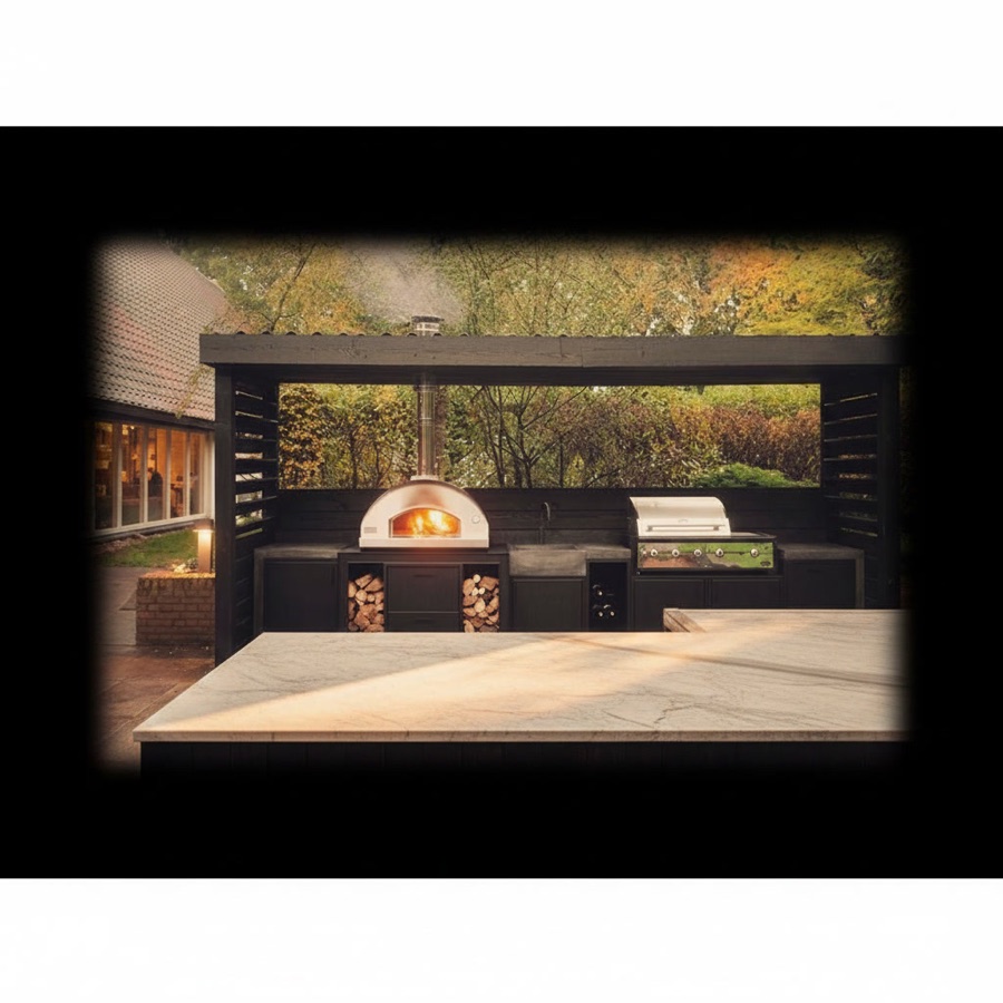 Cucina da esterno su misura nera con sportelli push and pull, barbecue a gas, forno a legna e lavello