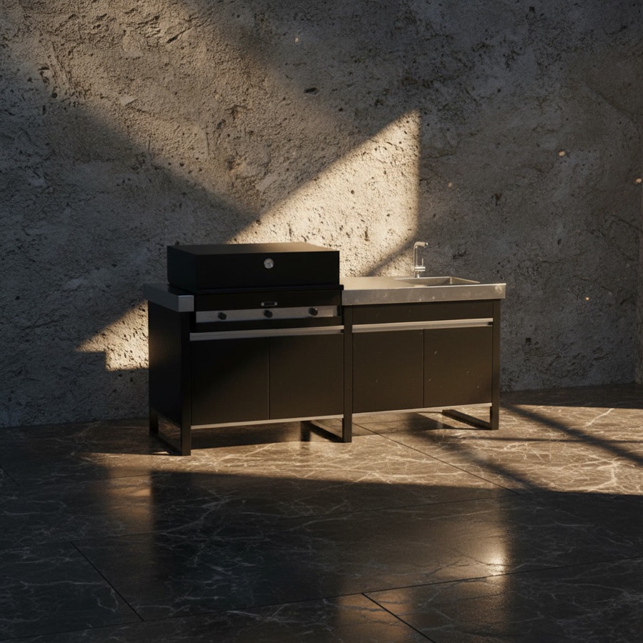 Cucina da esterno Fogher modello Larès composizione FKC 020 nera con barbecue a incasso e piano con fornello