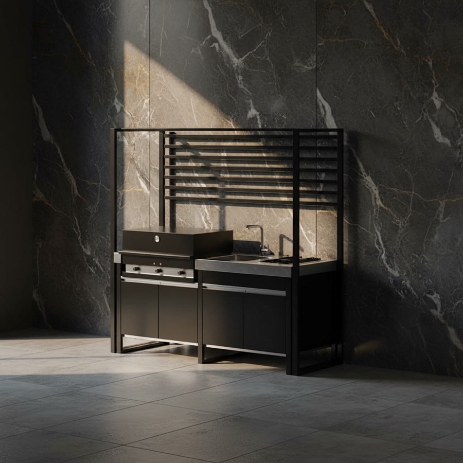 Cucina da esterno Fogher modello Larès composizione FKC 021 nera con struttura superiore a griglia, barbecue e fornello